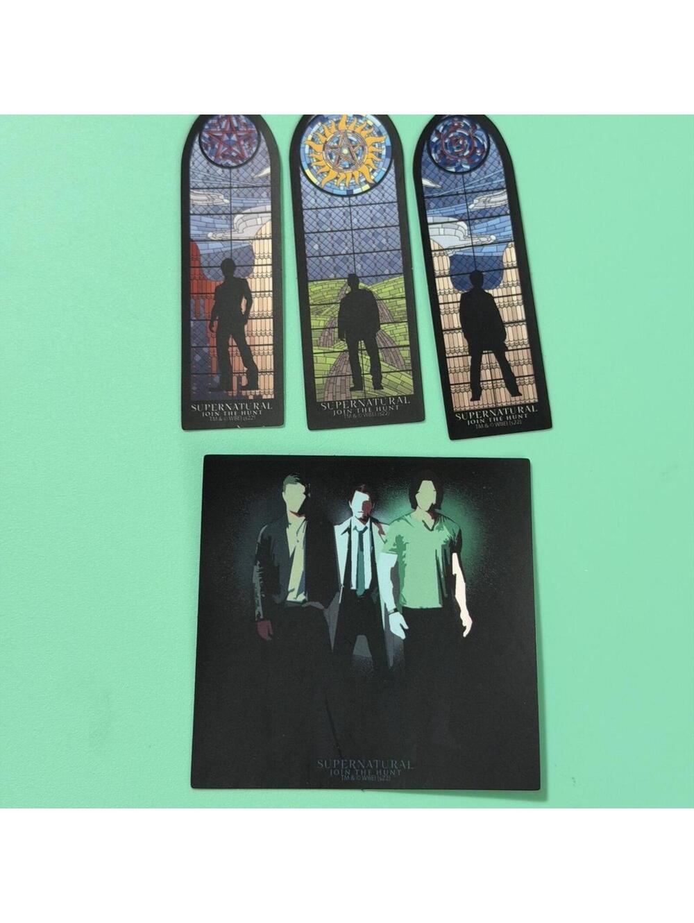 Supernatural Sticker 4 Pac featuring Sam Winchester Dean Winchester and Castiel.